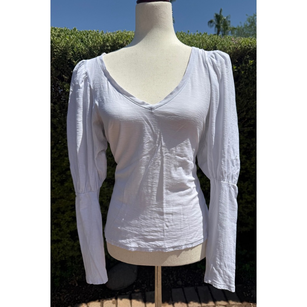 Nation LTD White 100% Pima Cotton V-Neck Puff Sleeve Long Sleeve Top - Medium